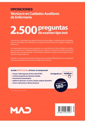 Test para oposiciones a Técnico/a en Cuidados Auxiliares de Enfermería (2.500 preguntas de examen)