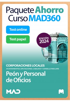 Paquete Ahorro Curso MAD360 + Test PAPEL y ONLINE Peón y Personal de Oficios Corporaciones Locales
