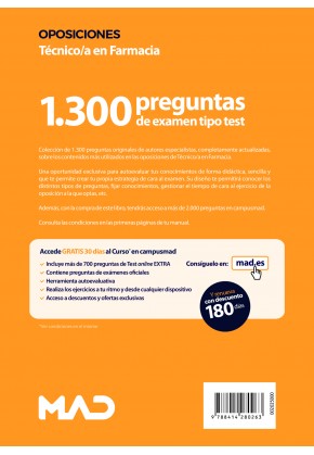 Test para oposiciones a Técnico/a en Farmacia (1.300 preguntas de examen)