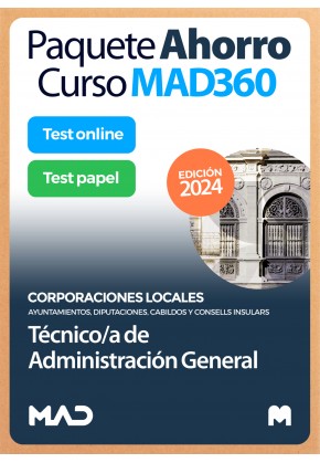 Paquete Ahorro Curso MAD360 + Test PAPEL y ONLINE Técnico/a de Administración General Corporaciones Locales.