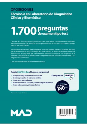 Test para oposiciones a Técnico/a en Laboratorio de Diagnóstico Clínico y Biomédico (1.700 preguntas de examen)