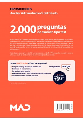 Test para oposiciones a Auxiliar Administrativo/a del Estado (2.000 preguntas de examen)