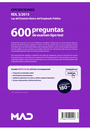 Test sobre el Real Decreto Legislativo 5/2015, de 30 de octubre (600 preguntas sobre sus Títulos y Disposiciones)